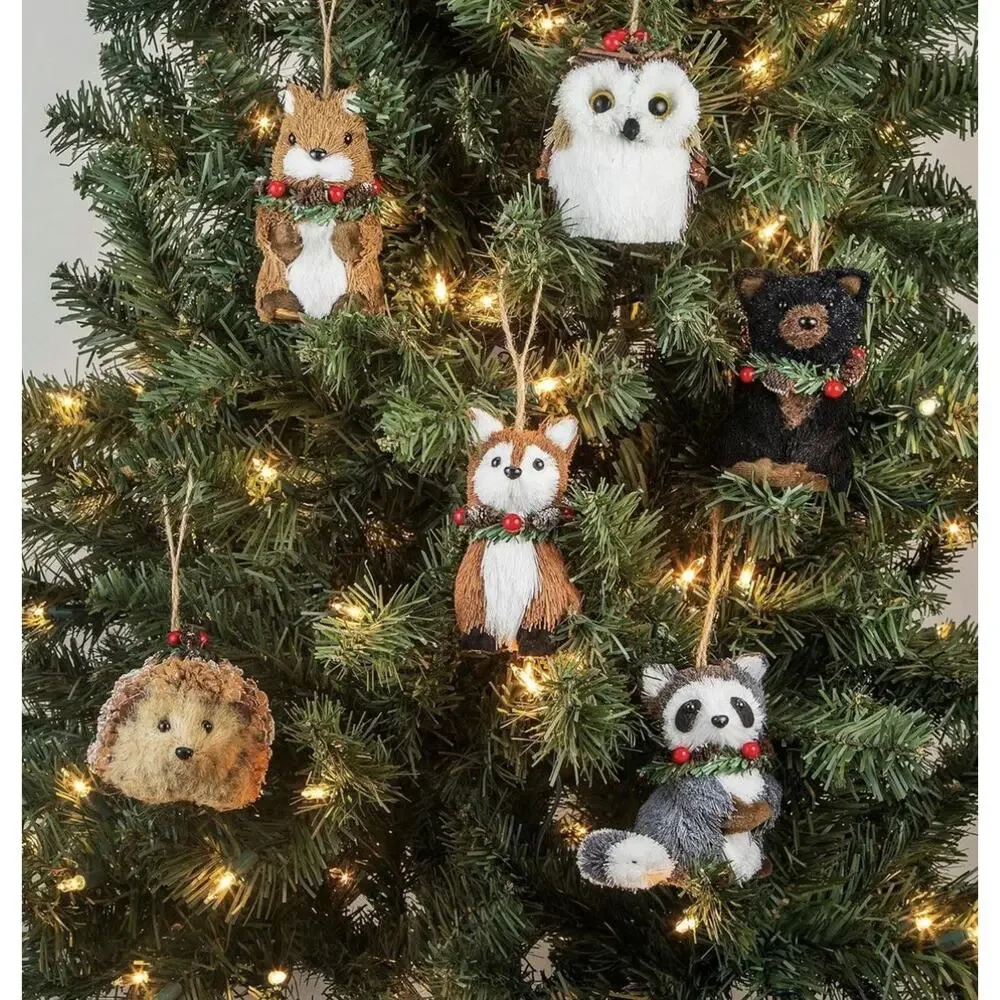 Sisal Woodland Animals Christmas Ornaments Set of 6 Rustic Forest Decor